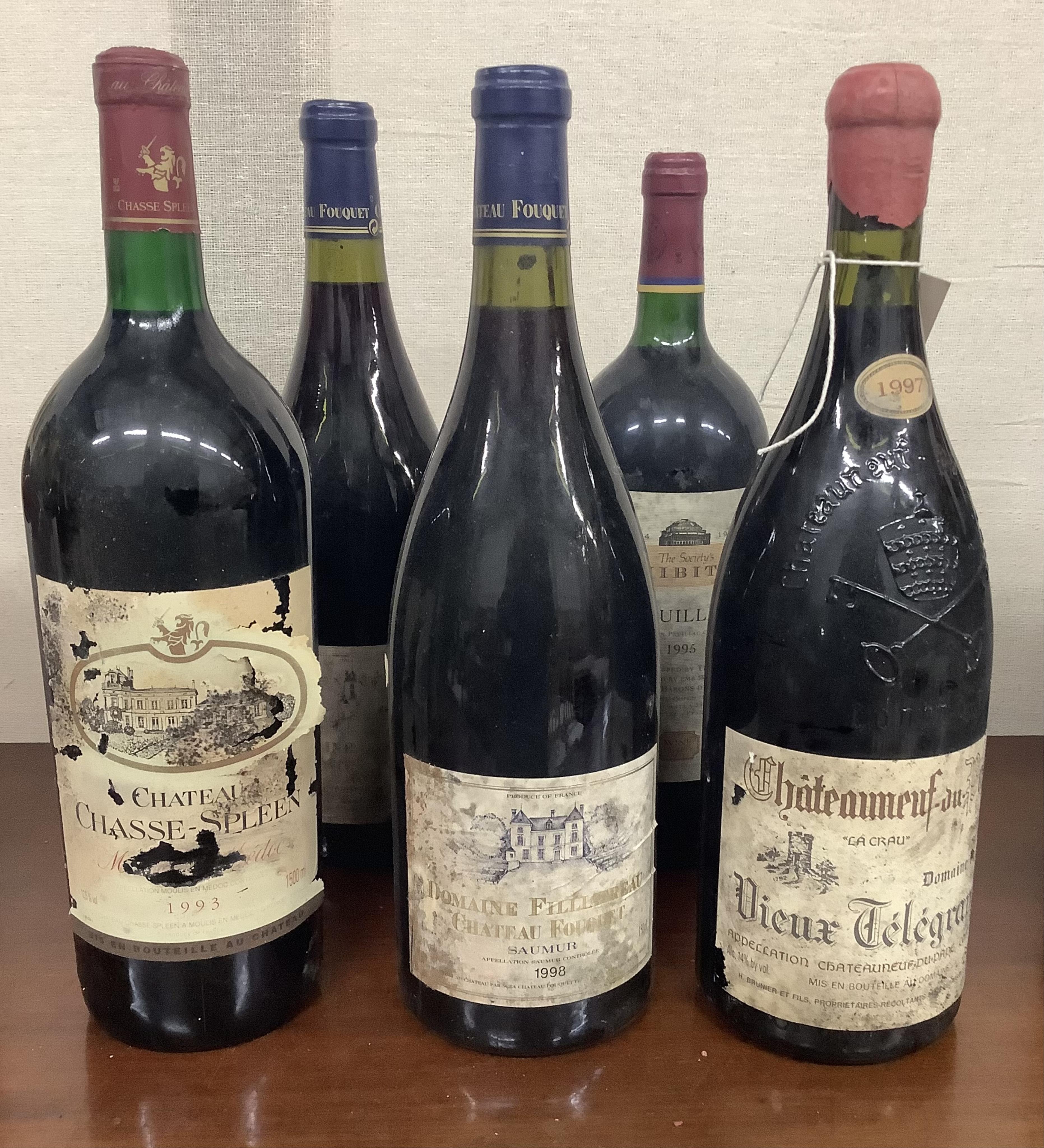 Five Magnums, Domaine Filliatreau Chateau Fouquet Samur 1998 (2), Exhibition Pauillac 1995, Vieux Telegraphe Chateauneuf-du-Pape 1997 and Chateau Chasse-Spleen Medoc 1993. Condition - fair, from a local private cellar